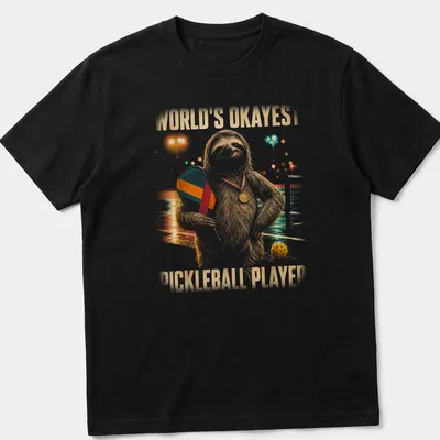 Vintage sloth graphic with the text World's Okayest Pickleball Player on a T-shirt
