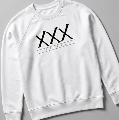 Black t-shirt featuring bold printed text of the Roman numerals XXX THIRTY — printed on a unisex sweatshirt