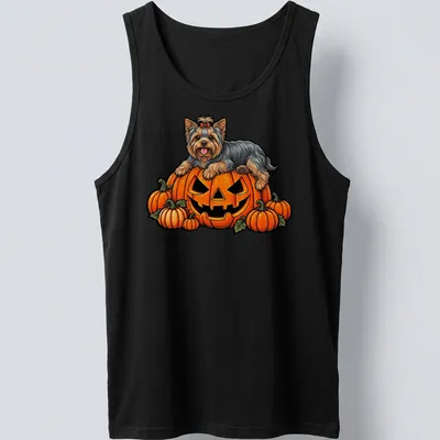 Cartoon Yorkshire Terrier on a pumpkin for Halloween with vibrant colors — printed on a tank top