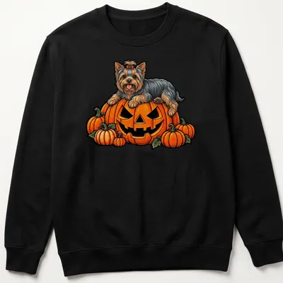 Cartoon Yorkshire Terrier on a pumpkin for Halloween with vibrant colors — printed on a unisex sweatshirt