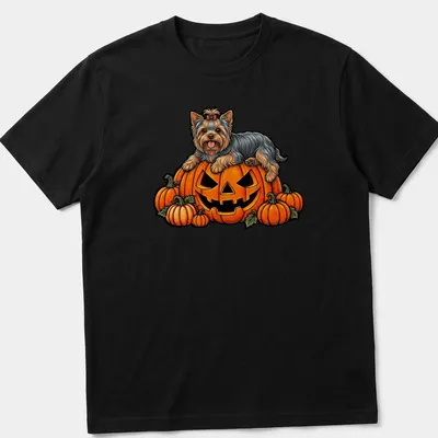 Cartoon Yorkshire Terrier on a pumpkin for Halloween with vibrant colors