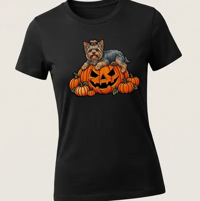 Cartoon Yorkshire Terrier on a pumpkin for Halloween with vibrant colors — printed on a women's shirt