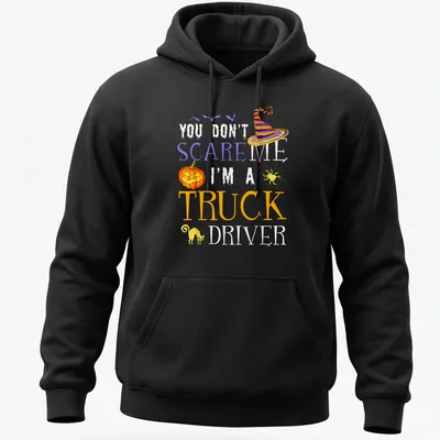 Whimsical Halloween truck driver t-shirt with pumpkin, witch hat, and black cat — printed on a unisex hoodie