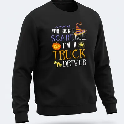 Whimsical Halloween truck driver t-shirt with pumpkin, witch hat, and black cat — printed on a unisex sweatshirt