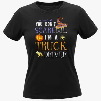 Whimsical Halloween truck driver t-shirt with pumpkin, witch hat, and black cat — printed on a women's shirt