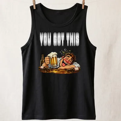 Cartoon of a funny beer drinker holding a mug with humorous text above. — printed on a tank top