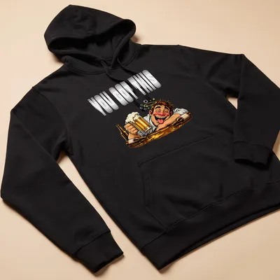 Cartoon of a funny beer drinker holding a mug with humorous text above. — printed on a unisex hoodie