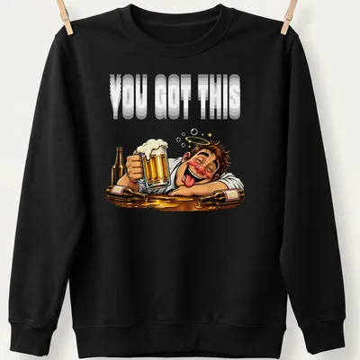 Cartoon of a funny beer drinker holding a mug with humorous text above. — printed on a unisex sweatshirt