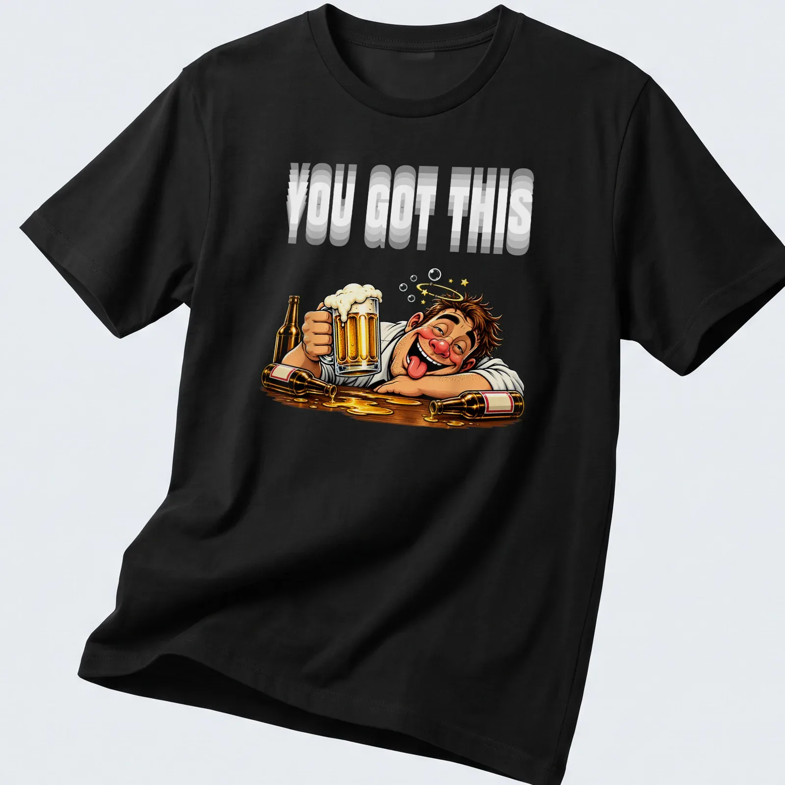 Cartoon of a funny beer drinker holding a mug with humorous text above. — printed on a unisex t-shirt