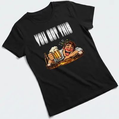 Cartoon of a funny beer drinker holding a mug with humorous text above. — printed on a women's shirt