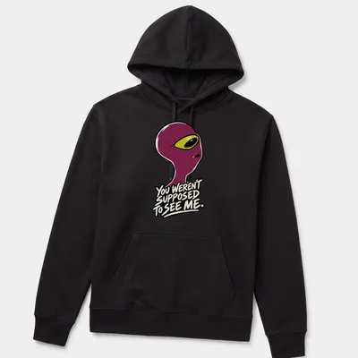 Cartoonish alien graphic with humorous text about being seen. — printed on a unisex hoodie
