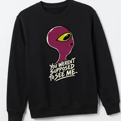 Cartoonish alien graphic with humorous text about being seen. — printed on a unisex sweatshirt