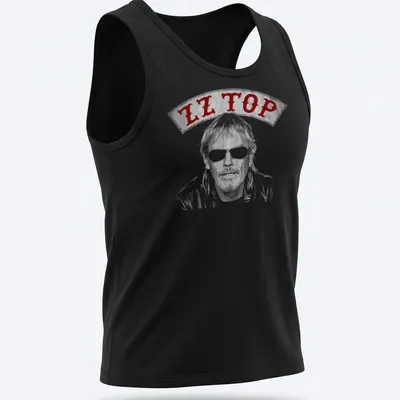 Vintage illustration of Frank Beard with ZZ Top text in red, gray, and white — printed on a tank top