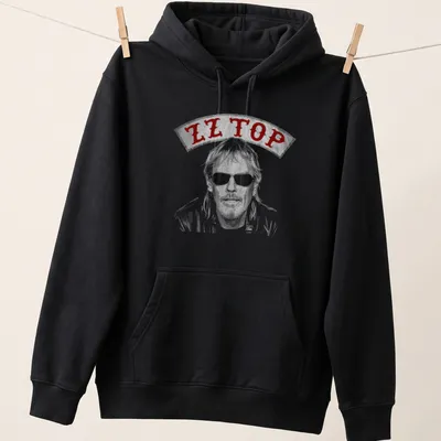 Vintage illustration of Frank Beard with ZZ Top text in red, gray, and white — printed on a unisex hoodie