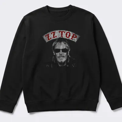 Vintage illustration of Frank Beard with ZZ Top text in red, gray, and white — printed on a unisex sweatshirt