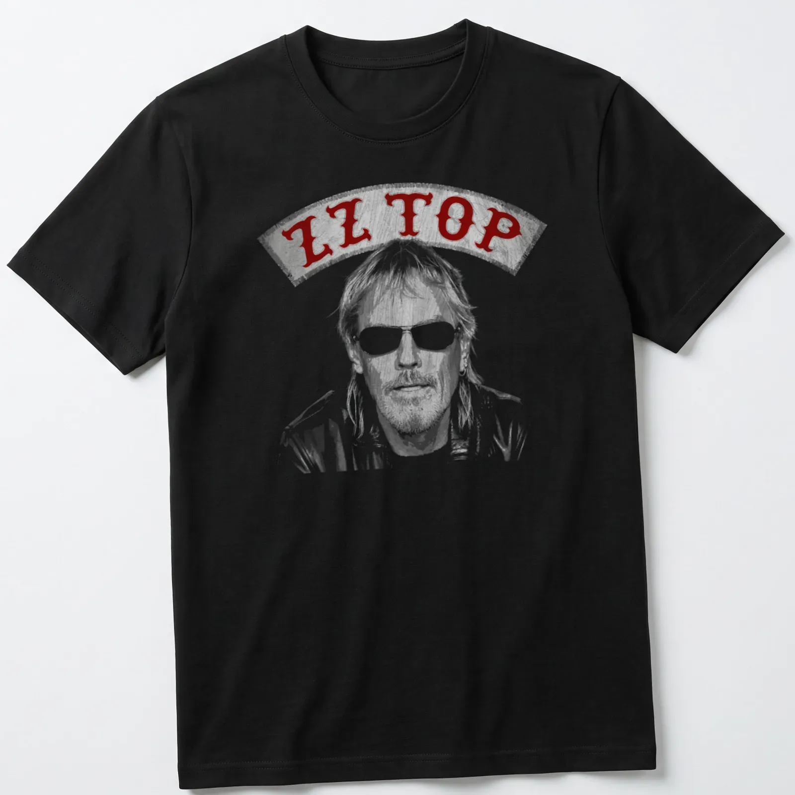 Vintage illustration of Frank Beard with ZZ Top text in red, gray, and white — printed on a unisex t-shirt