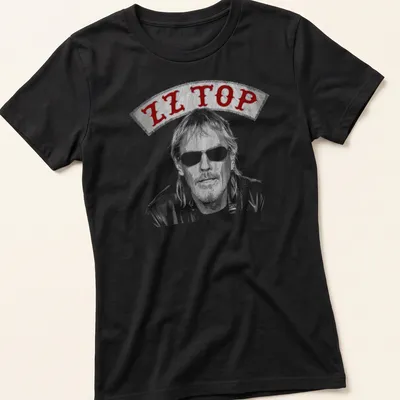 Vintage illustration of Frank Beard with ZZ Top text in red, gray, and white — printed on a women's shirt